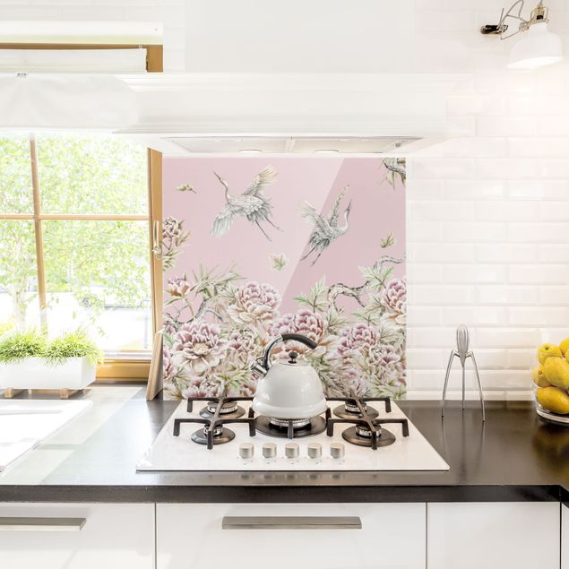 Spatscherm keuken Watercolour Storks In Flight With Roses On Pink
