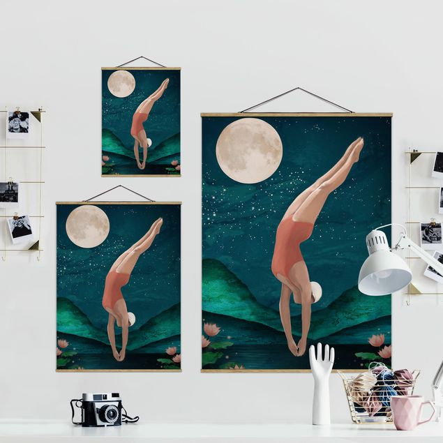 Stoffen schilderij met posterlijst Illustration Bather Woman Moon Painting