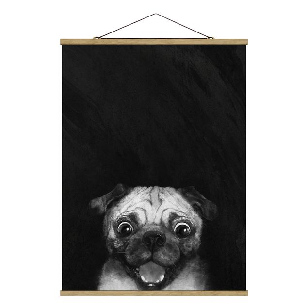 Stoffen schilderij met posterlijst Illustration Dog Pug Painting On Black And White