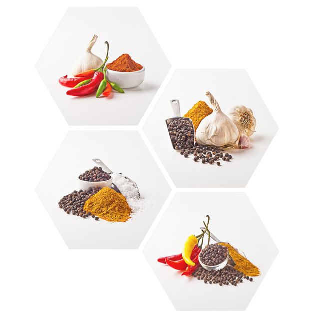 Hexagons Forex schilderijen - 4-delig Chili garlic and spices - Sets