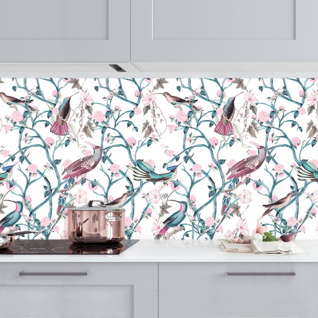 Achterwand voor keuken patroon Light Pink Morning Glories With Birds In Blue