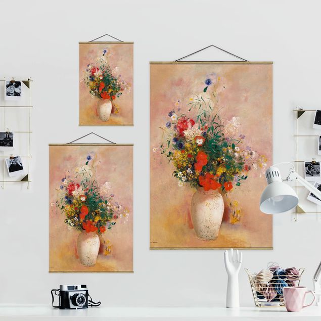 Stoffen schilderij met posterlijst Odilon Redon - Vase With Flowers (Rose-Colored Background)