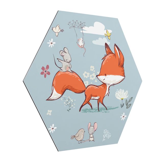Hexagons Aluminium Dibond schilderijen Fox And Mouse On The Move