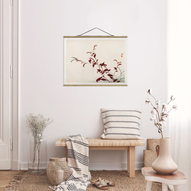 Stoffen schilderij met posterlijst Asian Vintage Drawing Red Branch With Dragonfly