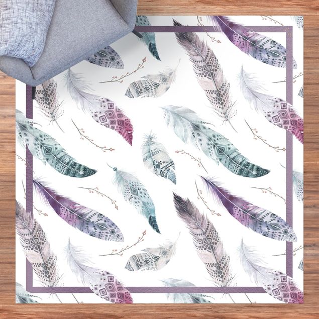 tapijt modern Boho Watercolour Feathers In Aubergine And Petrol Colour With Frame