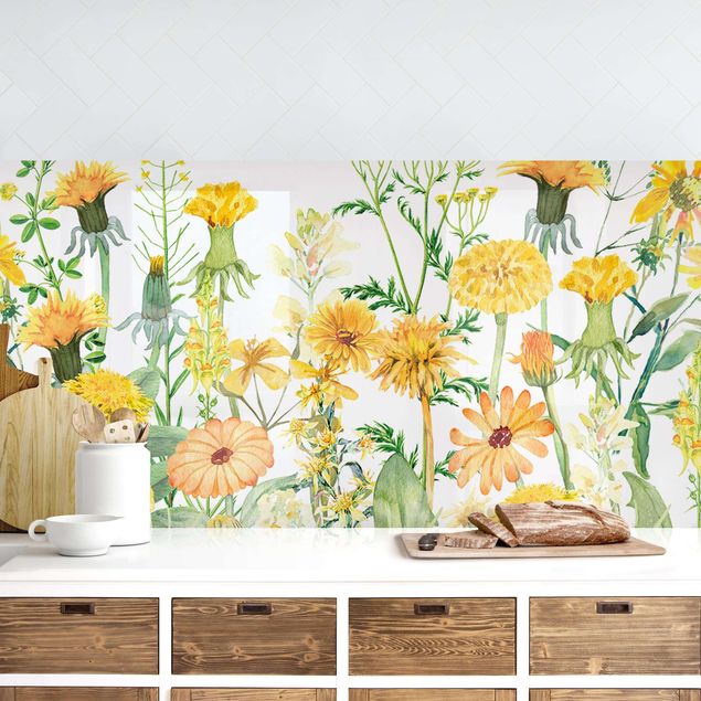 Achterwand voor keuken bloemen Watercolour Flower Meadow In Gelb