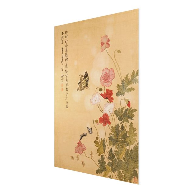 Aluminium Dibond schilderijen Yuanyu Ma - Poppy Flower And Butterfly