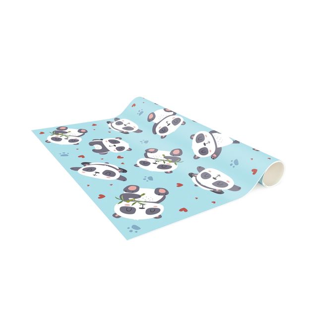 tapijt modern Cute Panda With Paw Prints And Hearts Pastel Blue
