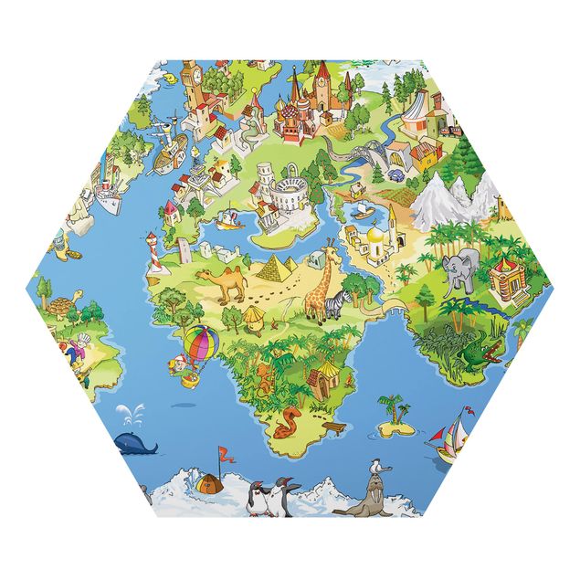 Hexagons Aluminium Dibond schilderijen Great and Funny Worldmap