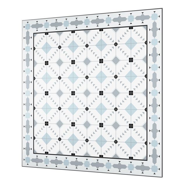 Spatscherm keuken Geometrical Tiles Ikat Blue With Border