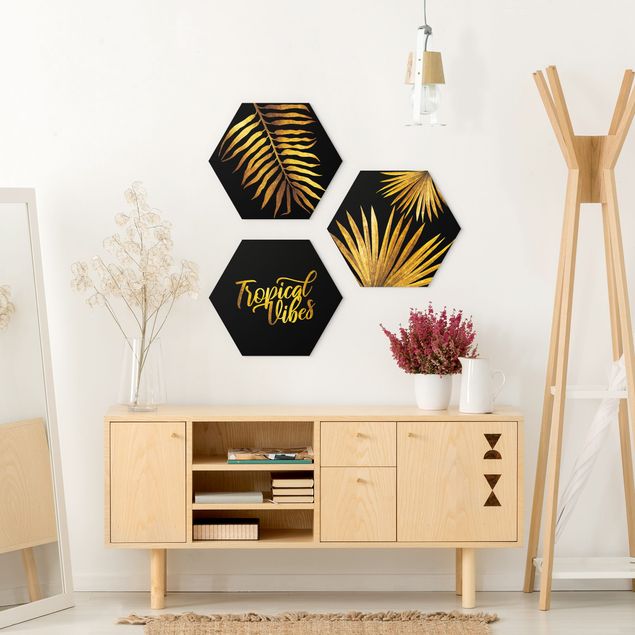 Hexagons Forex schilderijen - 3-delig Gold - Tropical Vibes On Black Set I