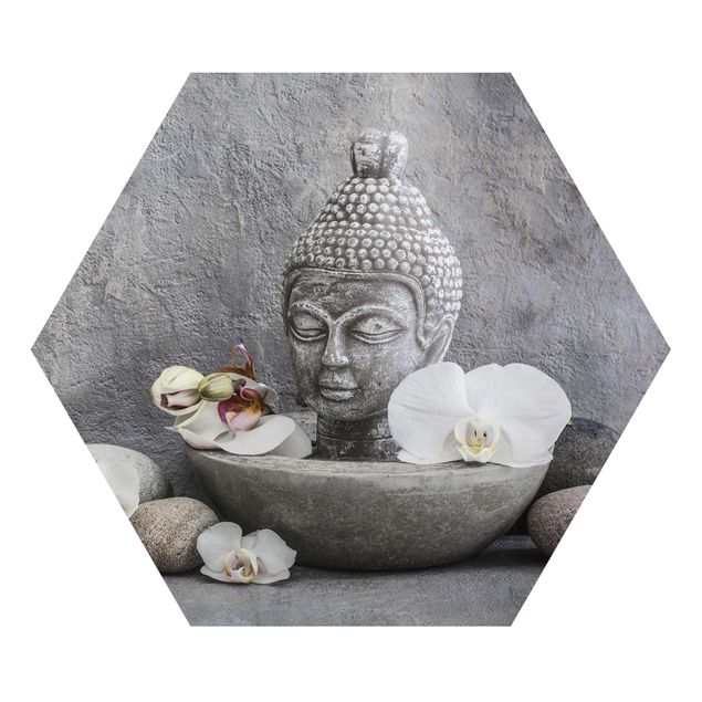 Hexagons Aluminium Dibond schilderijen Zen Buddha, Orchid And Stone