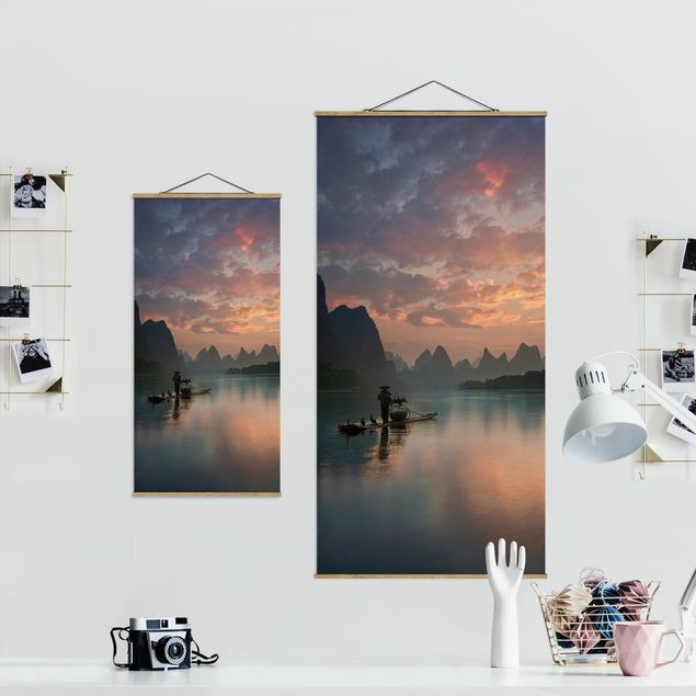 Stoffen schilderij met posterlijst Sunrise Over Chinese River