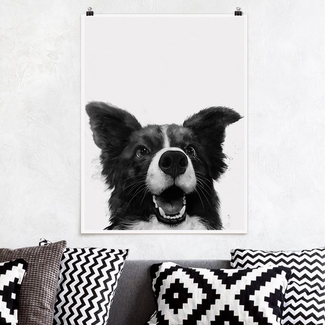 Posters Illustration Dog Border Collie Black And White Painting