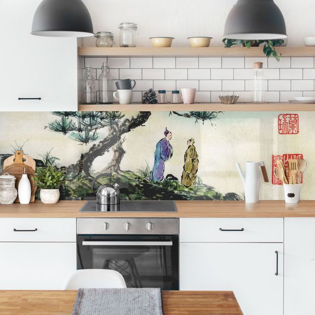 Achterwand voor keuken Japanese Watercolour Drawing Pine And Mountain Village