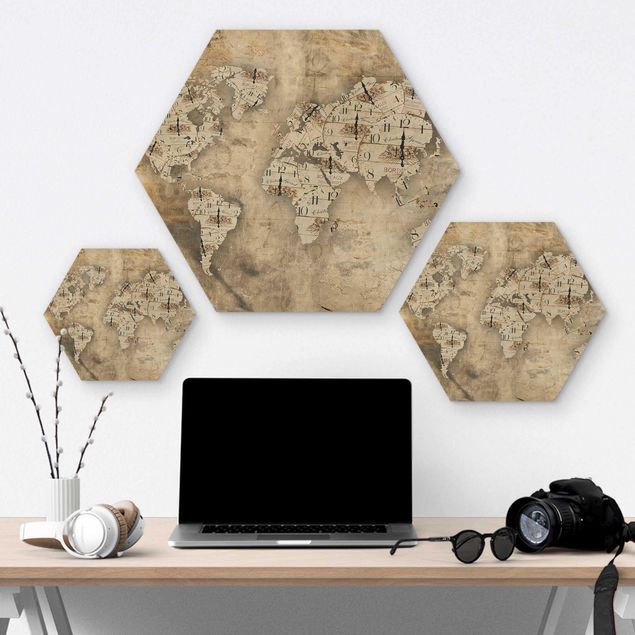 Hexagons houten schilderijen Shabby Clocks World Map