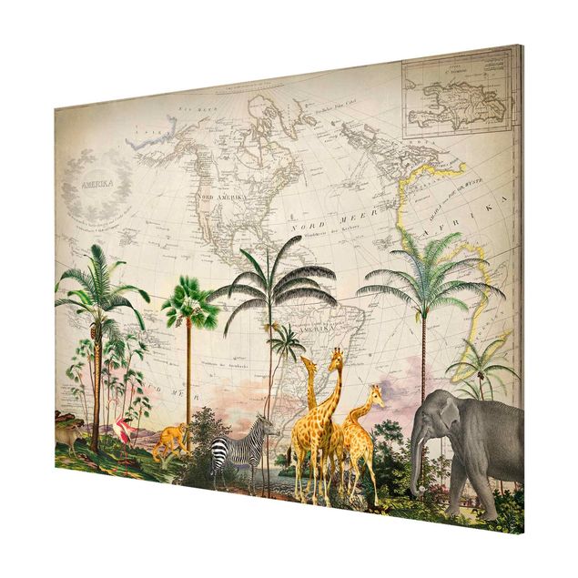 Magneetborden Vintage Collage - Wildlife On World Map
