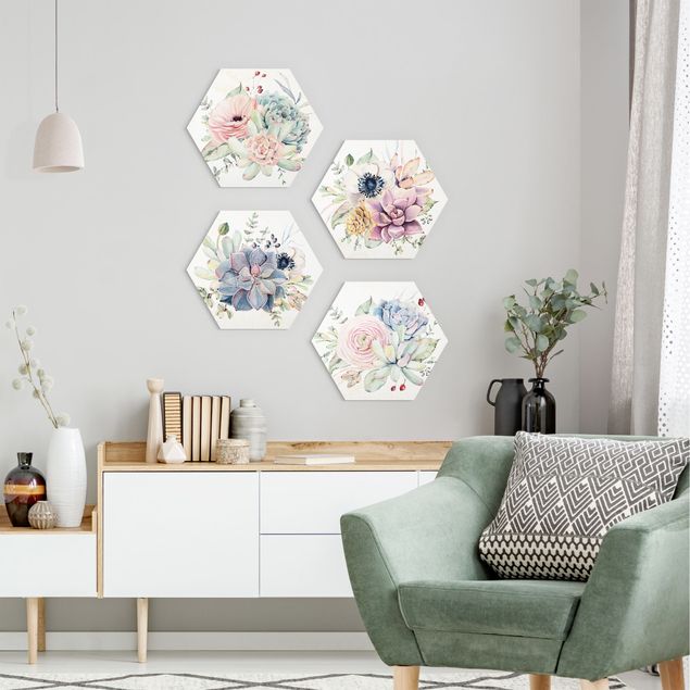 Hexagons Aluminium Dibond schilderijen - 4-delig Watercolour Flower Cottage
