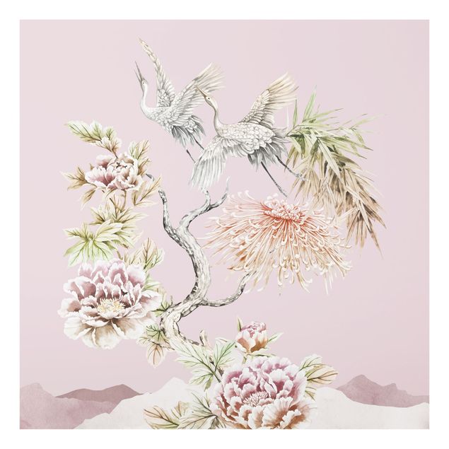 Spatscherm keuken Watercolour Storks In Flight With Flowers On Pink