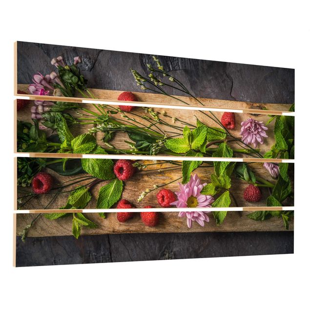 Houten schilderijen op plank Flowers Raspberries Mint