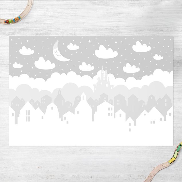 balkon tapijt Starry Sky With Houses And Moon In Grey