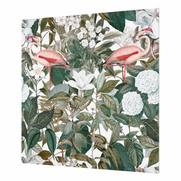 Spatscherm keuken Pink Flamingos With Leaves And White Flowers