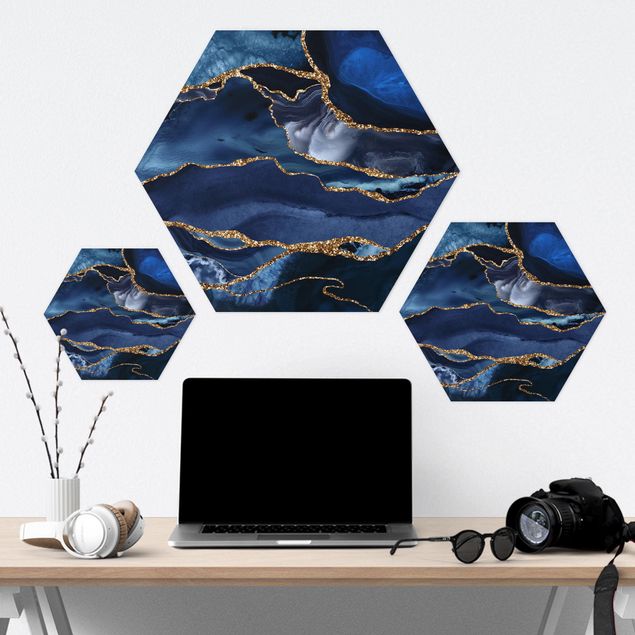 Hexagons Forex schilderijen Golden Glitter Waves In Front Of Blue