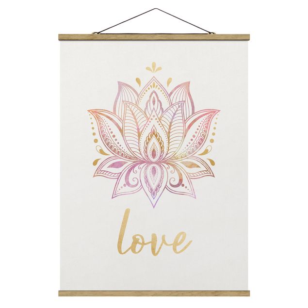 Stoffen schilderij met posterlijst Mandala Namaste Lotus Set Gold Light Pink