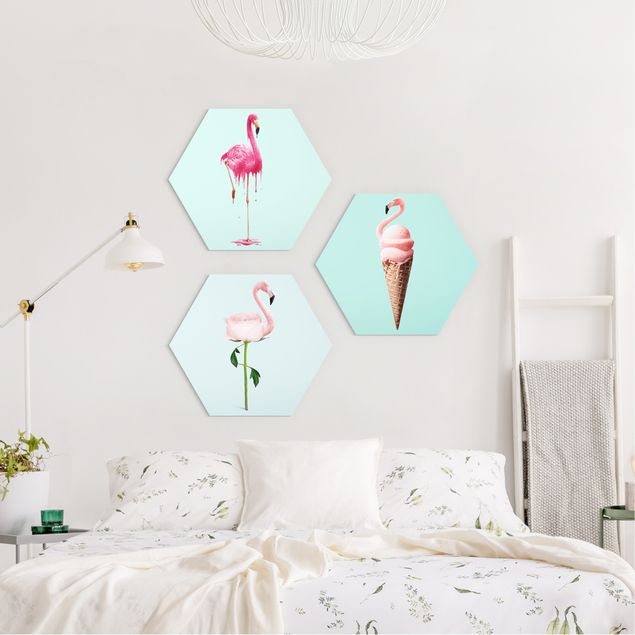 Hexagons Aluminium Dibond schilderijen - 3-delig Flamingo Set