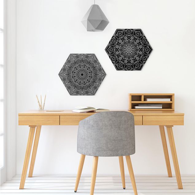 Hexagons Aluminium Dibond schilderijen - 2-delig Mandala Flower Star Pattern Black