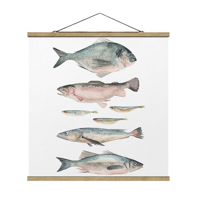 Stoffen schilderij met posterlijst Seven Fish In Watercolour II