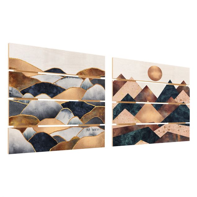 Houten schilderijen op plank - 2-delig Geometric & Golden Mountains Watercolour