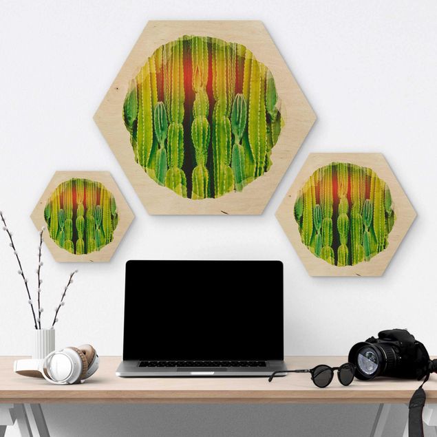 Hexagons houten schilderijen WaterColours - Cactus Wall