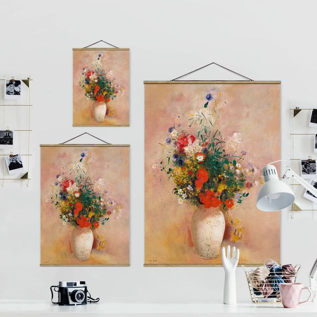 Stoffen schilderij met posterlijst Odilon Redon - Vase With Flowers (Rose-Colored Background)