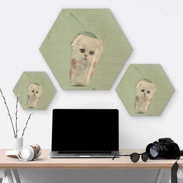 Hexagons houten schilderijen Shake With Cat