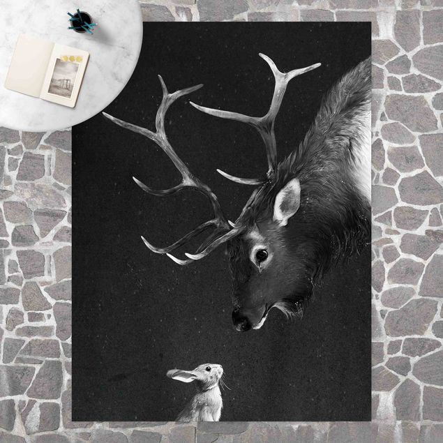 tapijt modern Illustration Deer And Rabbit Black And White Drawing