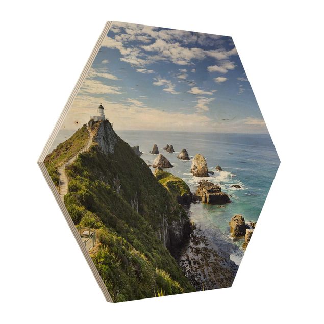Hexagons houten schilderijen Nugget Point Lighthouse And Sea New Zealand