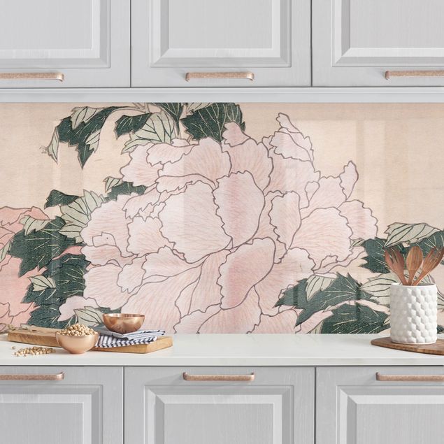 Achterwand voor keuken bloemen Katsushika Hokusai - Pink Peonies With Butterfly
