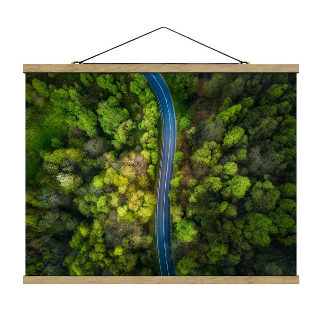 Stoffen schilderij met posterlijst Aerial View - Asphalt Road In The Forest