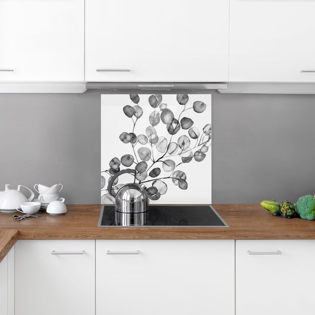 Spatscherm keuken Black And White Eucalyptus Twig Watercolour