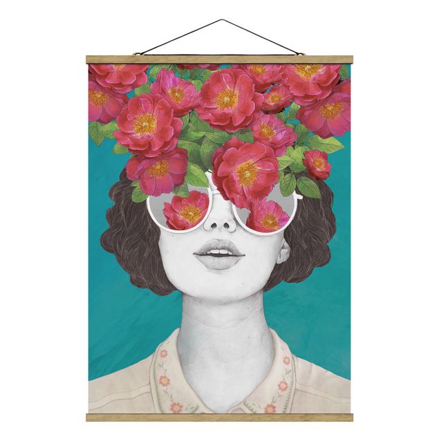 Stoffen schilderij met posterlijst Illustration Portrait Woman Collage With Flowers Glasses