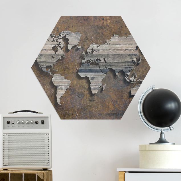 Hexagons Aluminium Dibond schilderijen Wooden Grid World Map