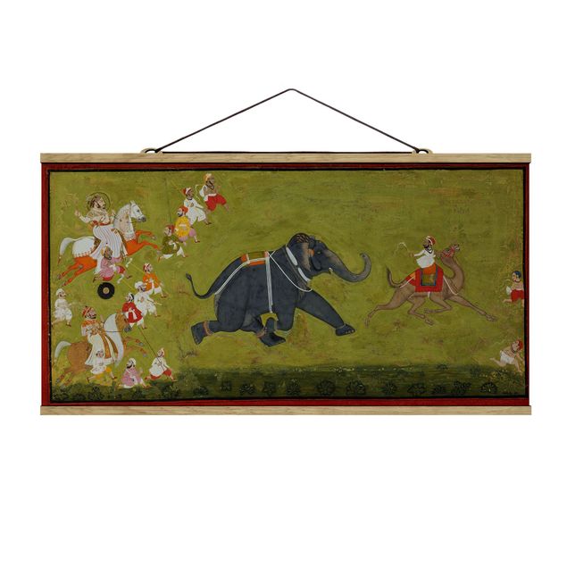 Stoffen schilderij met posterlijst Maharaja Jagat Singh Pursues A Fleeing Elephant