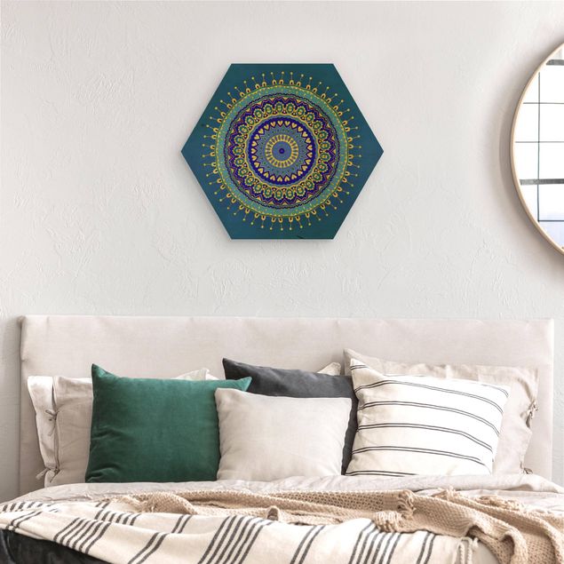 Hexagons houten schilderijen Mandala Blue Gold