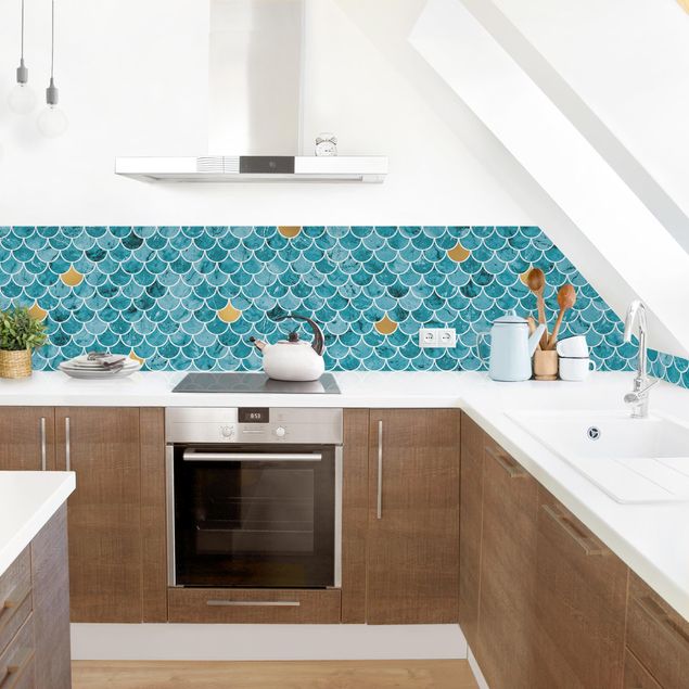 Achterwand voor keuken abstract Fish Scake Tiles Marble - Turquoise Gold