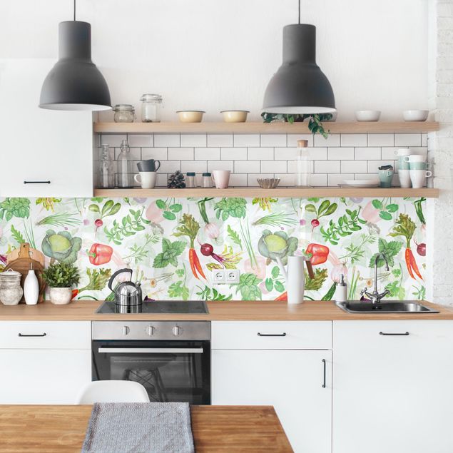 Achterwand voor keuken patroon Vegetables And Herbs Illustration