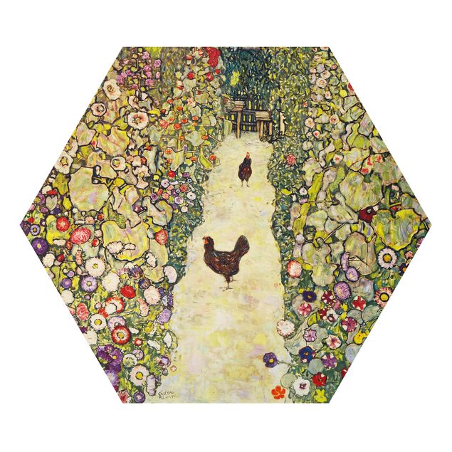 Hexagons Aluminium Dibond schilderijen Gustav Klimt - Garden Path with Hens