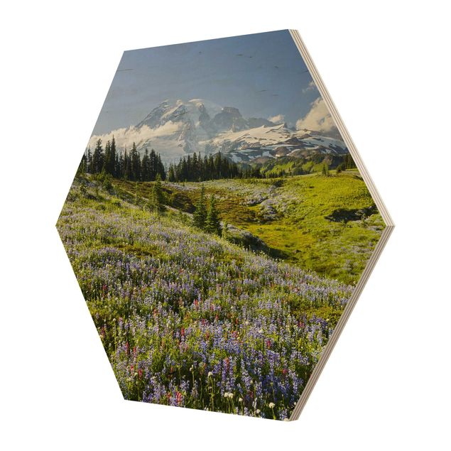 Hexagons houten schilderijen - Mountain Meadow With Red Flowers in Front of Mt. Rainier
