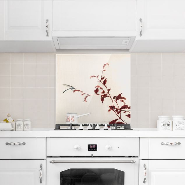 Spatscherm keuken Asian Vintage Drawing Red Branch With Dragonfly