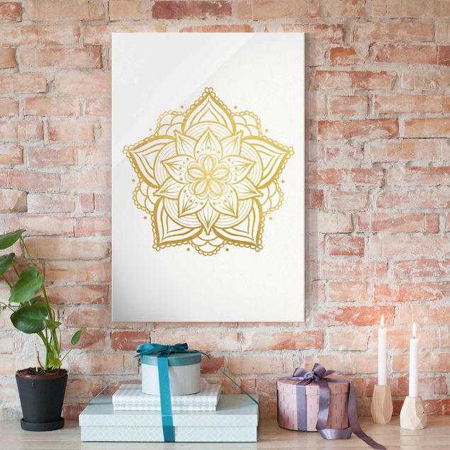 Glasschilderijen Mandala Flower Illustration White Gold